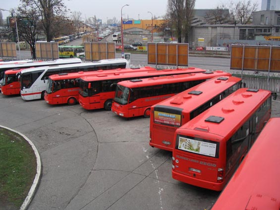 Odstavné plochy u AS Mlynské Nivy jsou dopoledne zaplnìny èervenými autobusy.