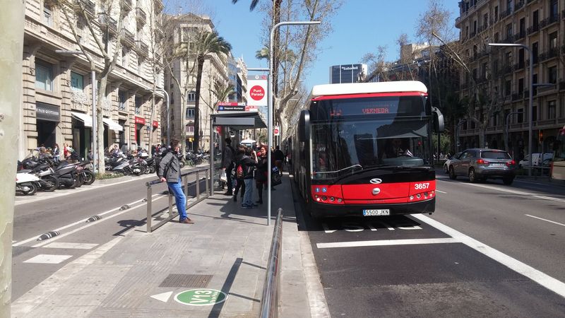 Nejznámìjší barcelonský bulvár Diagonal køíží pøísnì ètevrcovou ulièní sí� v centru Barcelony. Hlavními linkami obsluhujícími tuto tepnu jsou 6, 7 a 33. Na linkách 7 a 33 jezdí 27 nejnovìjších hybridních kloubových autobusù – 15 z nich je od polského výrobce Solaris. Na chodníku mùžete vidìt navigaci k páteøním autobusovým linkám.