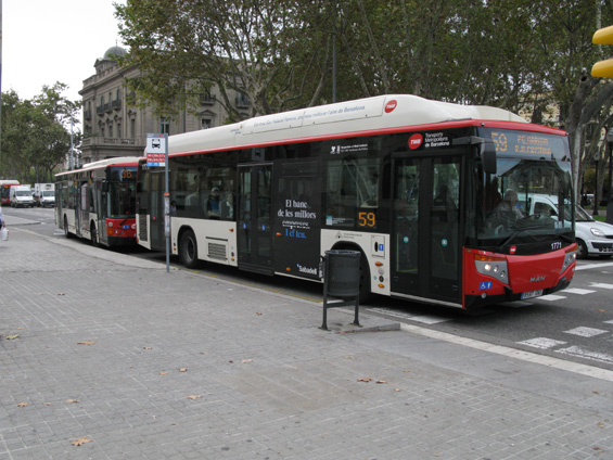 Mìstské autobusy MAN obleèené ve španìlské karoserii v èerveném mìstském nátìru. Èervené autobusy provozuje barcelonský dopravní podnik TMB.