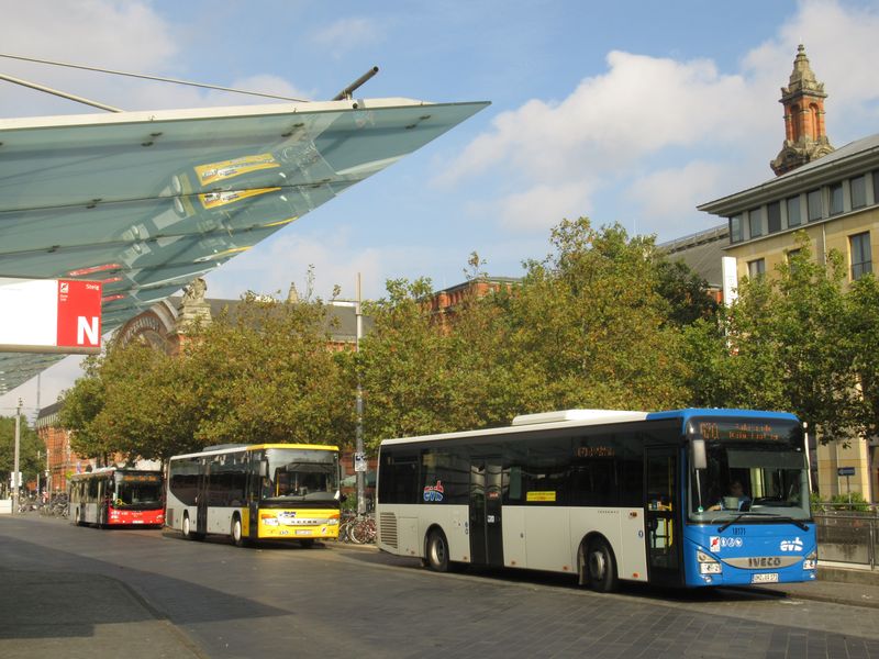 Od hlavního nádraží vyjíždìjí také rùznobarevné regionální autobusy soukromých dopravcù. Základní schéma barevných pruhù je však sjednoceno s mìstským brémským vizuálním stylem.