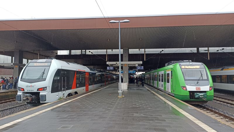 Na hlavním nádraží se potkávají vlaky rùzných typù i dopravcù. Spoleèný systém S-Bahnu pro celé Porýní a Porúøí spojuje Düsseldorf napøíklad s Kolínem na Rýnem, Essenem èi dalšími mìsty v okolí. Zelený vlak S-Bahnu na lince S6 míøí z Kolína do Essenu. Rychlejší vrstvu vlakù zde reprezentuje tento vlak dopravce Abellio.