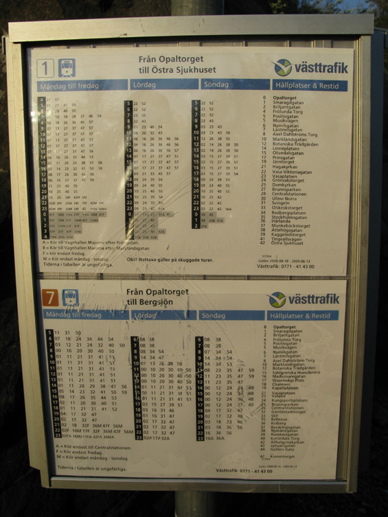 Ukázka jízdních øádù tramvajových linek - základem úspìšných prokladù je jednotnost intervalù. Västtraffik je organizátor dopravy, který se objevuje v mnohem vìtší míøe než logo dopravce.
