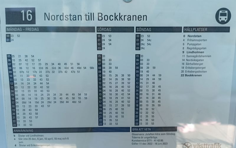 Linka 16 má ze všech páteøních linek nejkratší intervaly – ve špièkách jezdí cca každých 5 minut. Ve spojení s 23 vysokokapacitními autobusy to z ní dìlá jednu z nejvytíženìjších autobusových linek v Goteborgu.