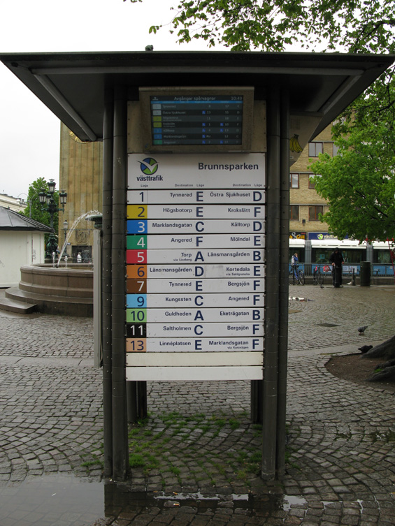 Informaèní rozcestník na uzlu Brunnsparken v centru mìsta. Každá zastávka je výraznì oznaèena písmenem, podle kterého se lze dobøe orientovat. Kromì linky 8 se zde potkávají všechny tramvajové linky.