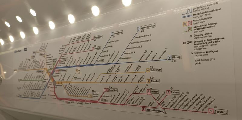 Schéma Stadtbahnu Hannover. Jednotlivé linky jsou rozdìleny do ètyø barevných svazkù podle toho, jak projíždìjí centrem. Zelený svazek tvoøí jediné dvì plnì povrchové linky 10 a 17. Celá zdejší sí� má úctyhodných 123 km. První podzemní úsek vznikl v roce 1975.