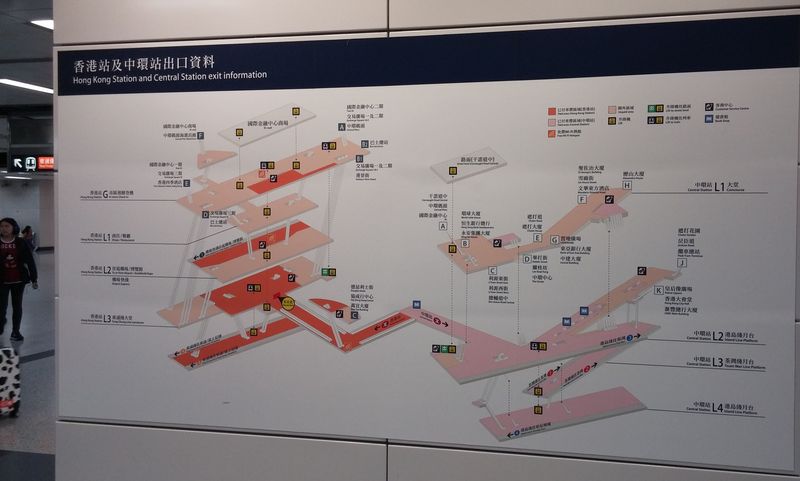 Nejobjemnìjší pøestupní uzel metra najdete na ostrovì Hong Kong mezi stanicemi Hong Kong a Central. Pøestoupit tu mùžete mezi tøemi linkami metra a také letištním expresem. Pro správný pøestup je však potøeba se obrnit pevnými nervy, trpìlivostí a oèima na stopkách.