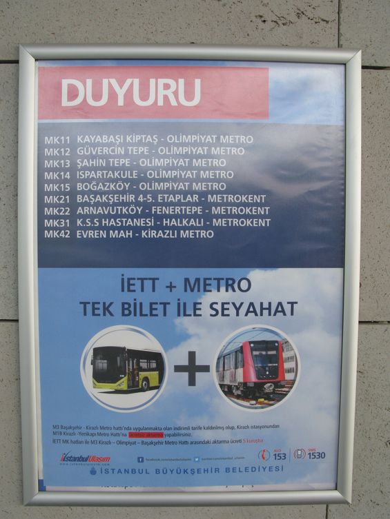 Na plakátech v metru na nové lince M3 mùžete vidìt tento pokus o dopravní integraci. Návazné linky jezdí pod zkratkou MK (MetroKent) a pøestup mezi nimi a metrem je cenovì zvýhodnìn. Nejvíce jich konèí u stanice Olimpiyatkoy (5 linek).
