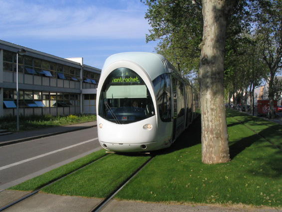 Další idylický obrázek tramvaje T1. Takto vypadá tra� procházející mezi školními budovami, studentskými kolejemi a sportovišti univerzitního mìsteèka.