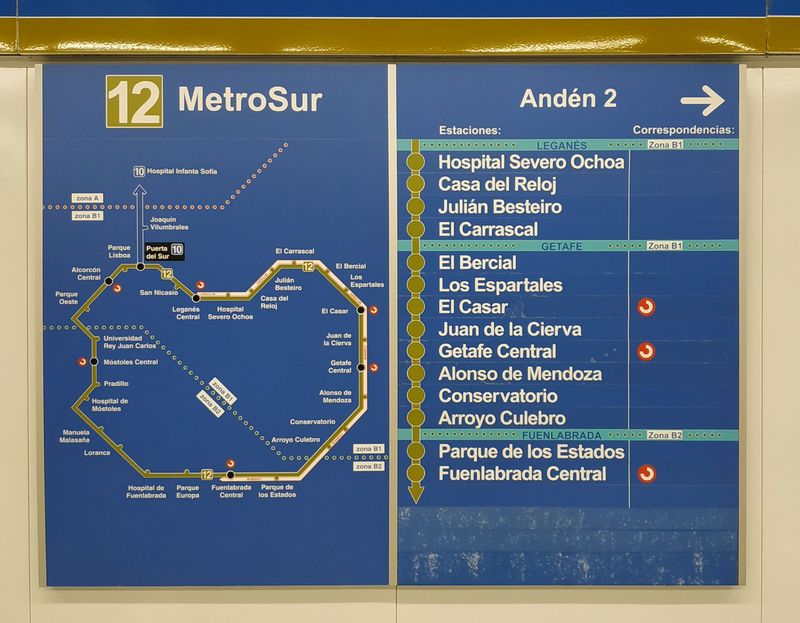 MetroSur, neboli okružní linka metra è. 12, je vedená celá v podzemí a spojuje nová pøedmìstí Madridu jižnì od španìlské metropole. Celý okruh trvá ujet hodinu a tøívozové vlaky jezdí v intervalu 7,5 minuty.