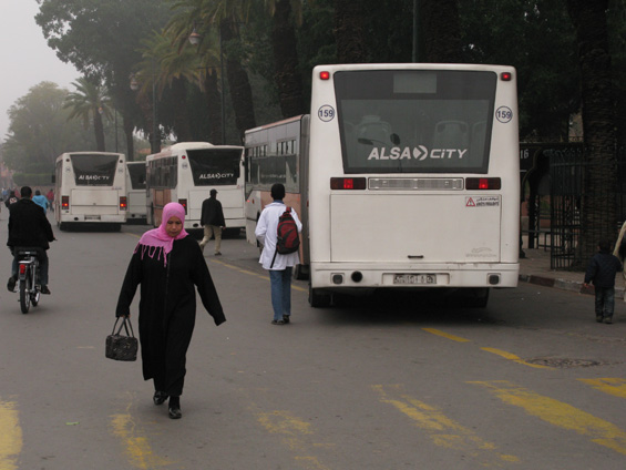 Autobusy èekají na odjezd v "terminálu" u centrálního námìstí. Vìtšina autobusù pochází ze Scanie.